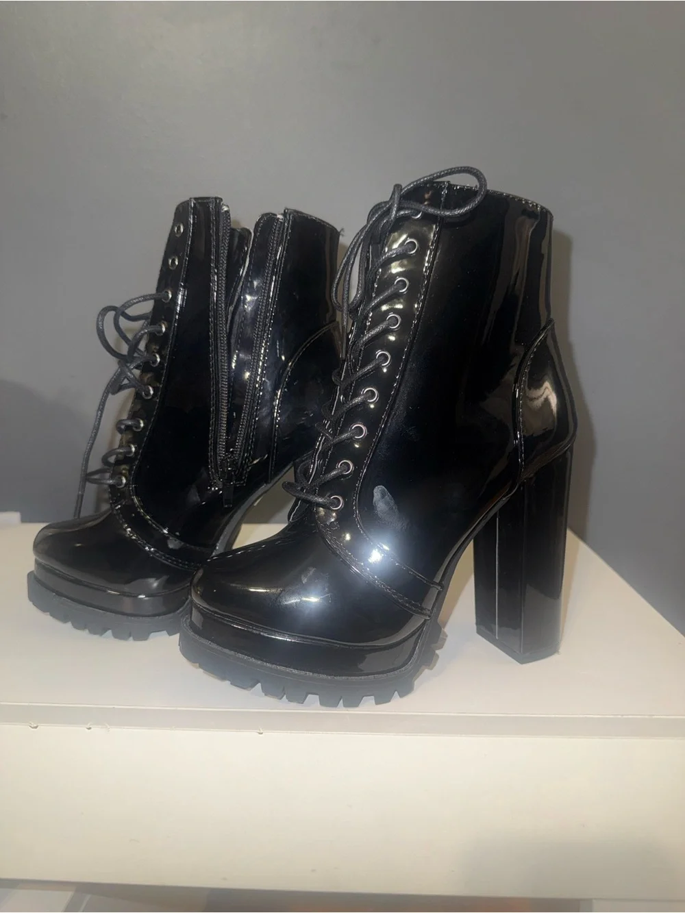 Fashion Nova Black Patent Platform Lace-Up Block Heel Ankle Boots - Picture 4 of 5
